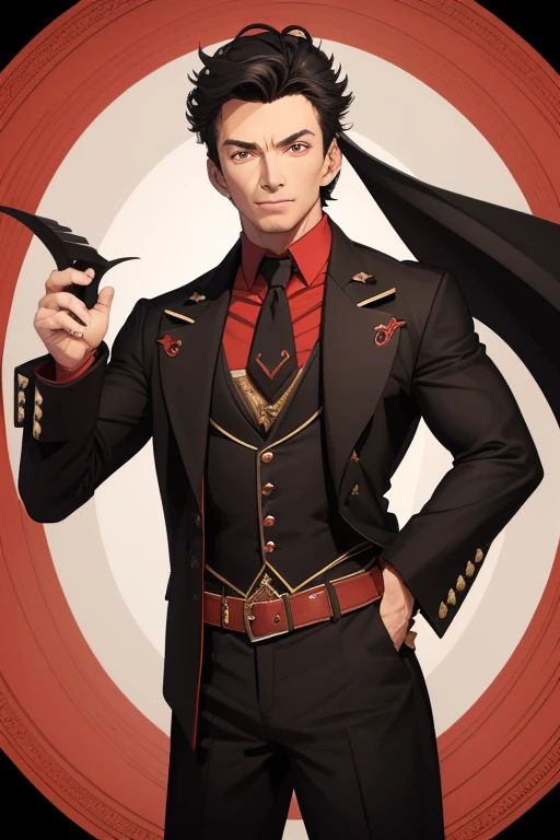 Hugh Jackman from wolwerine 40 years Vampire short black hair vintage pointed ears red eyes Stempunk hunter clothing black vintage decorations Steampunk holding a blood moon mirror looking directly at the viewer red background