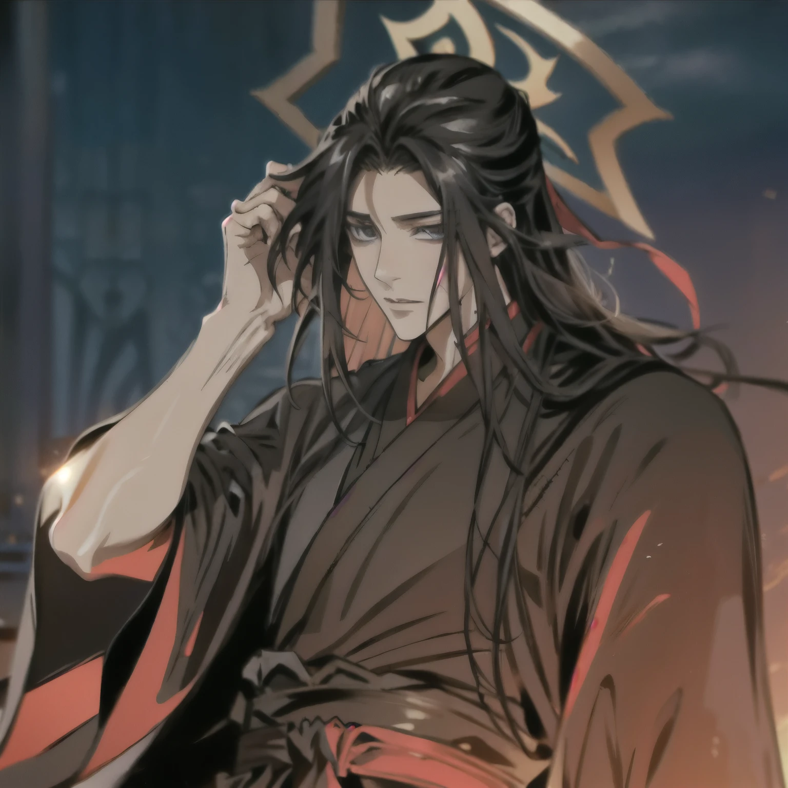(masterpiece, best quality:1.2), 1male, solo, wei wuxian, mo dao zu shi, mdzs, black clothes, grey eyes, long black hair, perfect anatomy