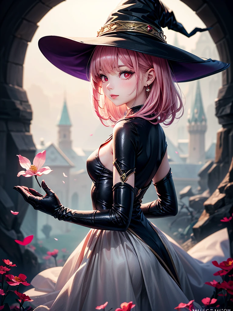 (masterpiece),((highest quality)),(Perfect Anatomy),((arms behind side)),(1 girl in witch hat:1.2), Magical girl,magical girl clothes, pink hair, Beautiful and exquisite red eyes, pale skin, Slender, like a dream and happiness atmosphere, High Fantasy,dreamy digital painting, magical colors and atmosphere,soft lighting, fantasy art,small breasts,sideways glance,wonderful spring flower mood