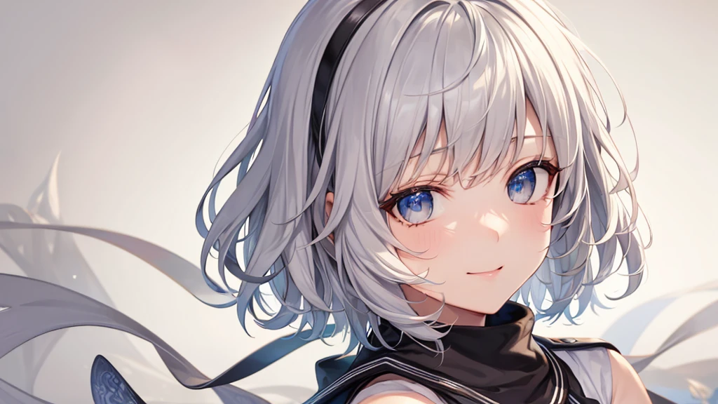 Her eyes were shining、Mysterious and enchanting atmosphere。With AI Painting、とてもShort Hair, Long bangs between the eyes, Very detailed,(masterpiece、Highest quality)、alone、Gray Hair、Fantasy, Silver Hair, Fantasyな風景、White shirt、smile、Open your mouth、Scarf、short hair、Short Hair、hairpin、black eye、Grey Eyes、Beautiful Eyes