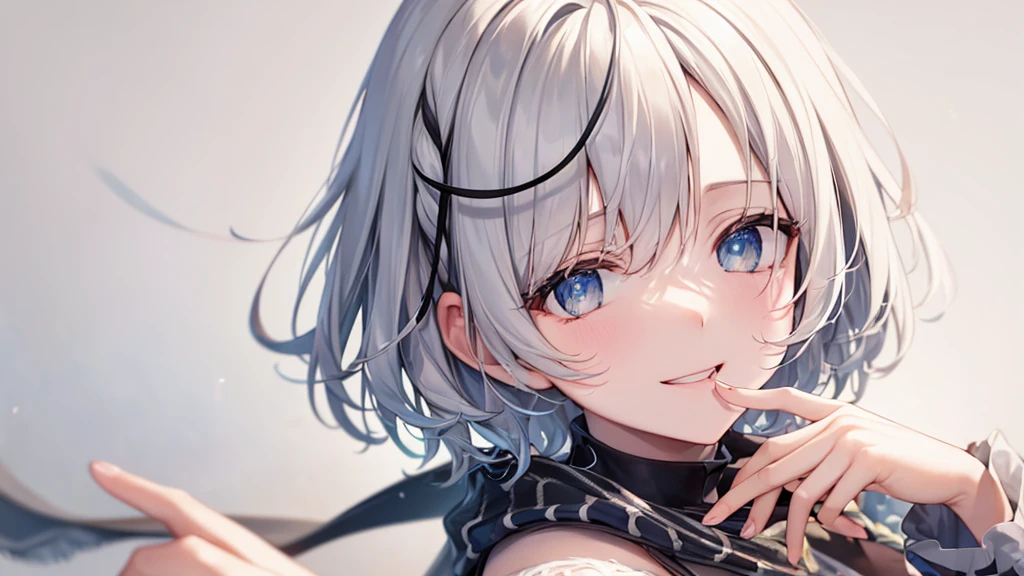 Her eyes were shining、Mysterious and enchanting atmosphere。With AI Painting、とてもShort Hair, Long bangs between the eyes, Very detailed,(masterpiece、Highest quality)、alone、Gray Hair、Fantasy, Silver Hair, Fantasyな風景、White shirt、smile、Open your mouth、Scarf、short hair、Short Hair、hairpin、black eye、Grey Eyes、Beautiful Eyes