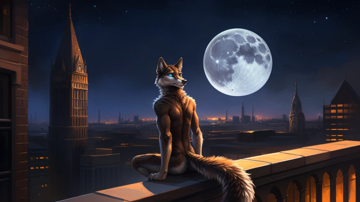 ((Solo)), male people, anthro wolf, (Multi-colored fur, White-brown:1.3), ((Wolf face, Big eyes, White eyelids, Blue pupil, Slim:1.2) (Tough, Calm expression:1.2)), (Height 2.1 meters,Tail length 1.5m), Abs, Slim, pinging, (Correct anatomy), (Contour bone:1.2), The upper body is naked, (detailed outfits), a long large tail,Feet,(Realistic fur, Detailed fur texture, labeled:1.3)), (Natural lighting), Photorealistic, Hyperrealistic, ultradetailed, by Kenket,In the modern city,Roof,the night,Sit alone,Look at the full moon,It was dark,Starry