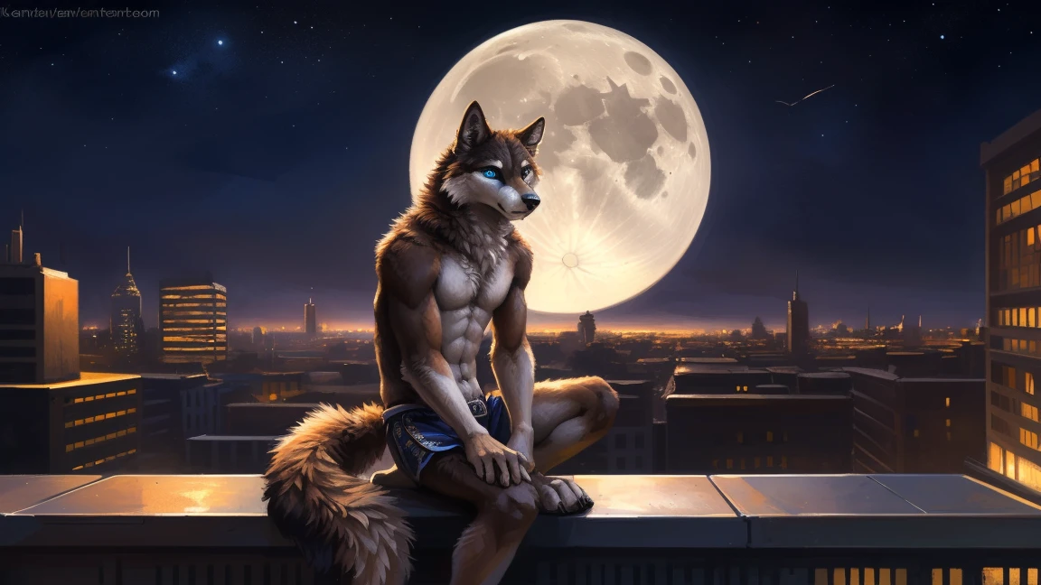 ((Solo)), male people, anthro wolf, (Multi-colored fur, White-brown:1.3), ((Wolf face, Big eyes, White eyelids, Blue pupil, Slim:1.2) (Tough, Calm expression:1.2)), (Height 2.1 meters,Tail length 1.5m), Abs, Slim, pinging, (Correct anatomy), (Contour bone:1.2), The upper body is naked, (detailed outfits), a long large tail,Feet,(Realistic fur, Detailed fur texture, labeled:1.3)), (Natural lighting), Photorealistic, Hyperrealistic, ultradetailed, by Kenket,In the modern city,Roof,the night,Sit alone,Look at the full moon,It was dark,Starry
