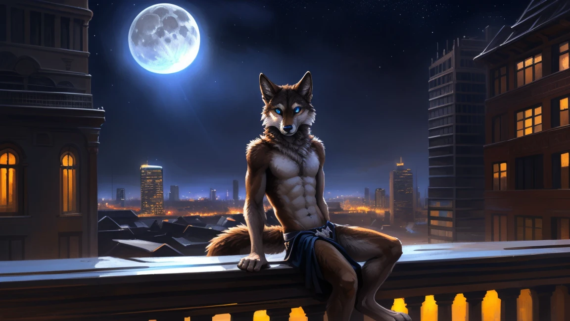 ((Solo)), male people, anthro wolf, (Multi-colored fur, White-brown:1.3), ((Wolf face, Big eyes, White eyelids, Blue pupil, Slim:1.2) (Tough, Calm expression:1.2)), (Height 2.1 meters,Tail length 1.5m), Abs, Slim, pinging, (Correct anatomy), (Contour bone:1.2), The upper body is , (detailed outfits), a long large tail,Feet,(Realistic fur, Detailed fur texture, labeled:1.3)), (Natural lighting), Photorealistic, Hyperrealistic, ultradetailed, by Kenket,In the modern city,Roof,the night,Sit alone,Look at the full moon,It was dark,Starry