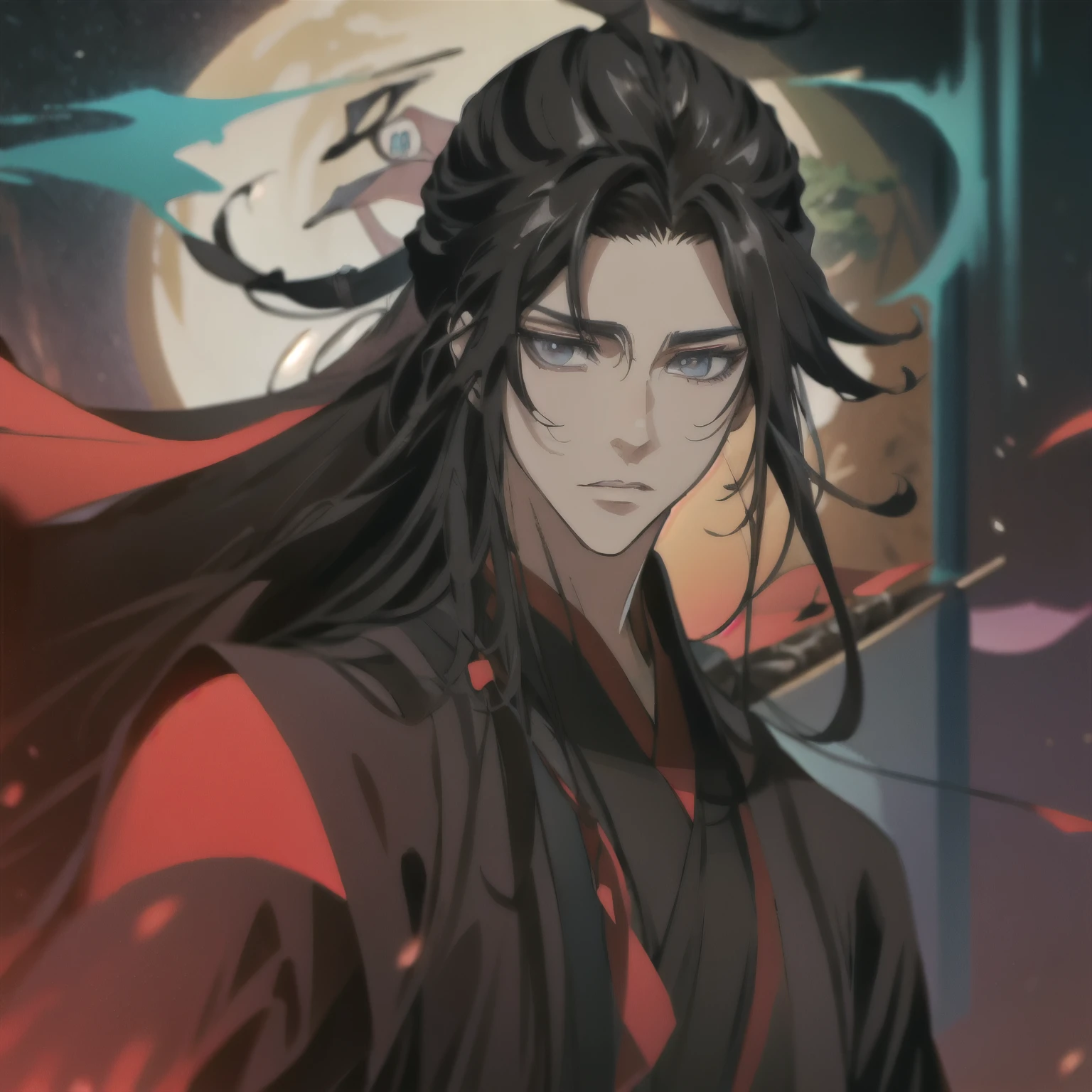 (masterpiece, best quality:1.2), 1male, solo, wei wuxian, mo dao zu shi, mdzs, black clothes, grey eyes, long black hair, perfect anatomy