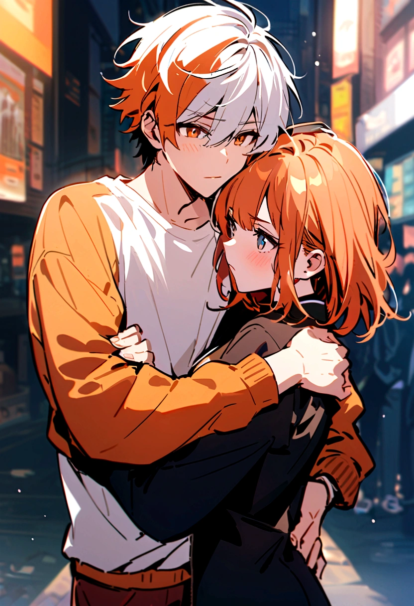 A handsome boy,with messy orange hair, hugging a girl possessively,the girl has short white hair, they're both wearing modern clothes