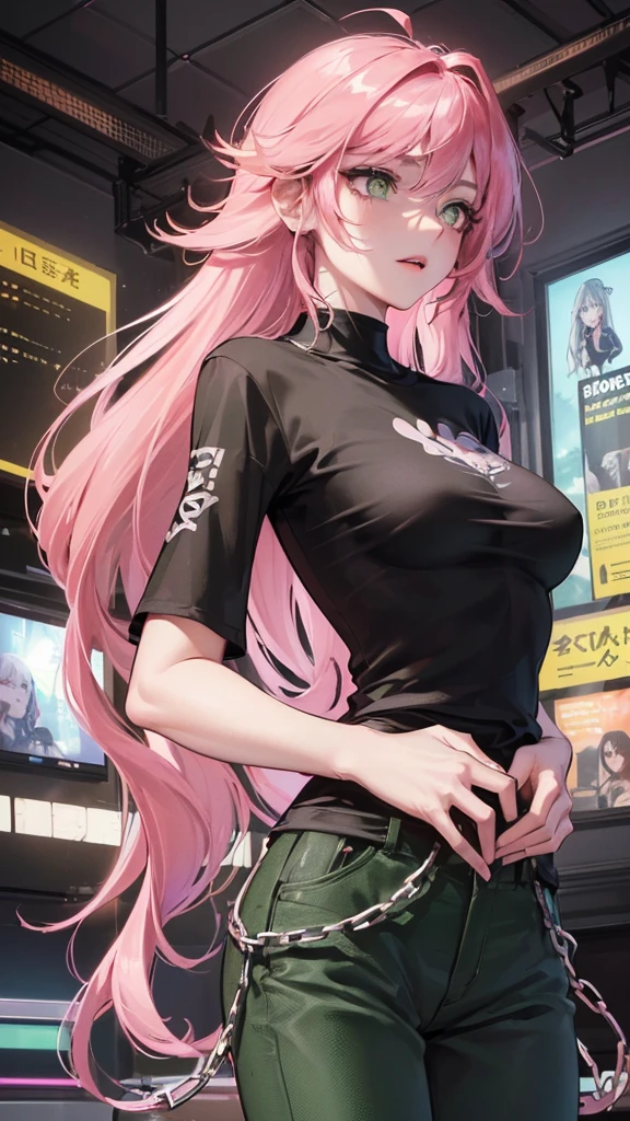 Photograph of the upper body of a beautiful woman, , [see through] , (big breasts), (small waist, perfect body), Sharp focus, (tall body, mature woman), ((Looking ahead)), (Highly detailed skin, hair follicles:1.4,) (pink long hair,green eyes) , (black t-shirt:1.47),(green pants)chain,(punk rock), (guitarist)