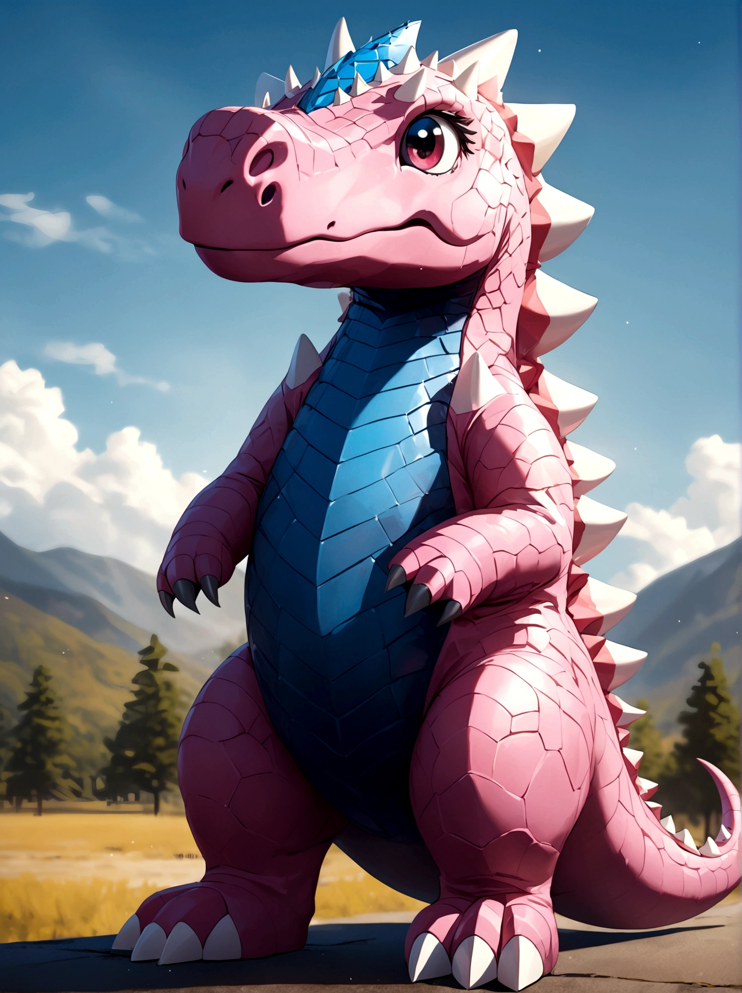 solo, full body, outdoors, blurry, no humans,Pink dinosaur,