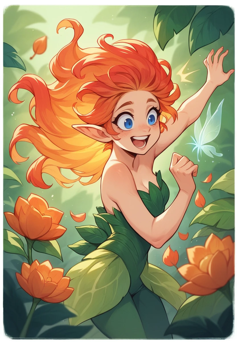 A young woman with fiery red hair, smiling as she shares a piece of jerky with a beautiful fairy with long golden hair and piercing blue eyes. The fairy looks surprised but intrigued as she takes a bite. They are both surrounded by lush greenery and vibrant flowers, the air filled with the sounds of birdsong and rustling leaves.