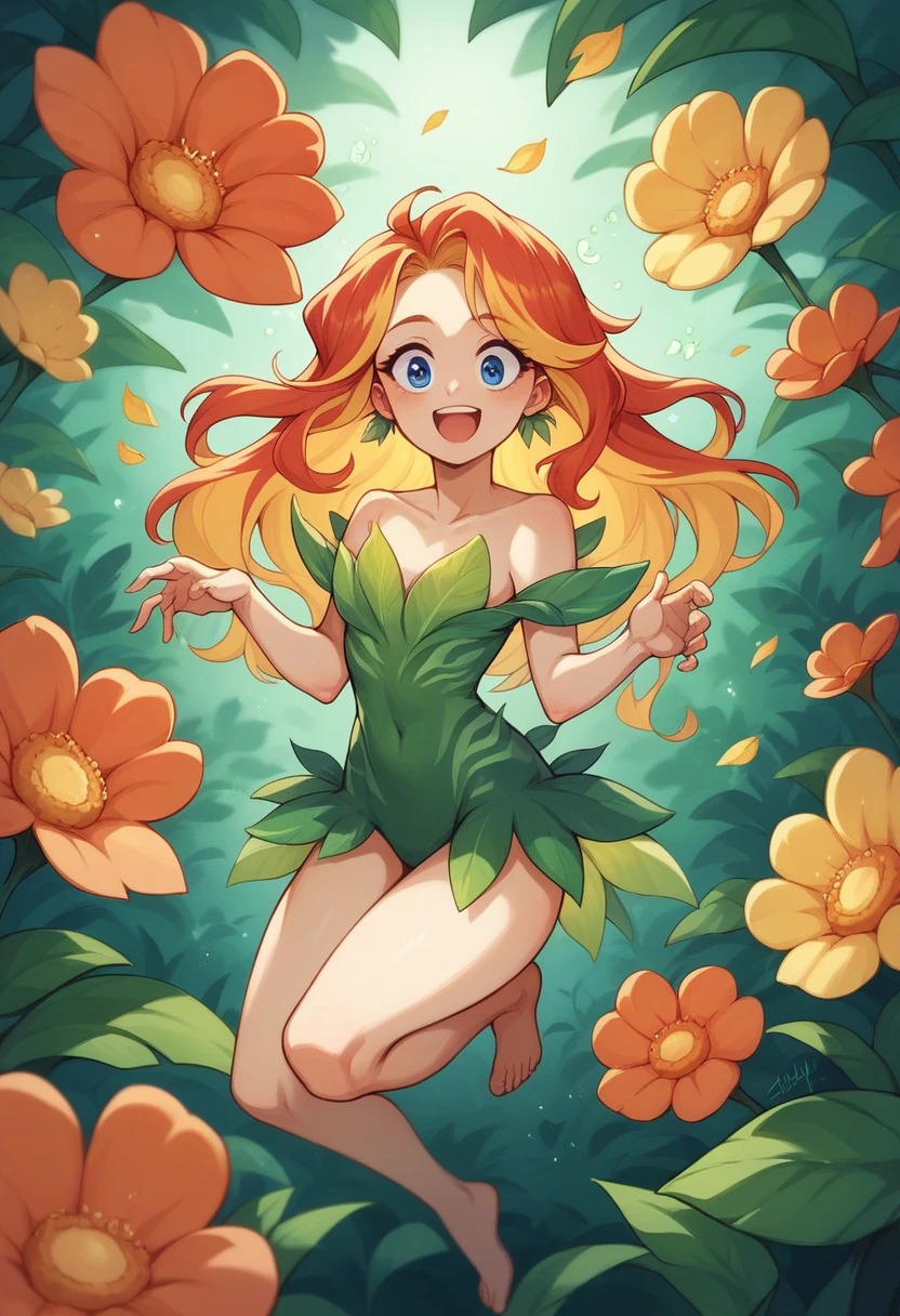 A young woman with fiery red hair, smiling as she shares a piece of jerky with a beautiful fairy with long golden hair and piercing blue eyes. The fairy looks surprised but intrigued as she takes a bite. They are both surrounded by lush greenery and vibrant flowers, the air filled with the sounds of birdsong and rustling leaves.