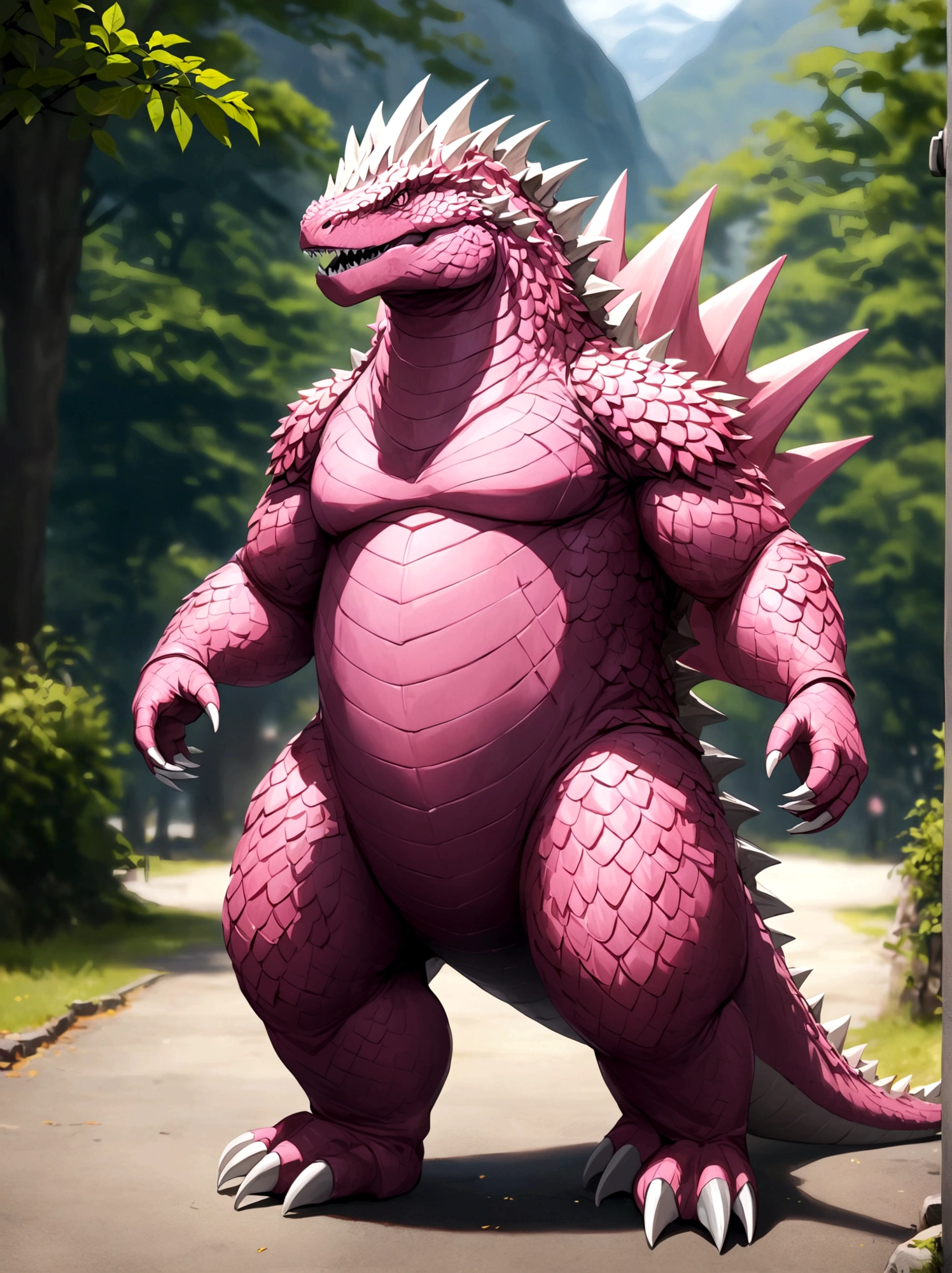solo, full body, outdoors, blurry, no humans,pink godzilla