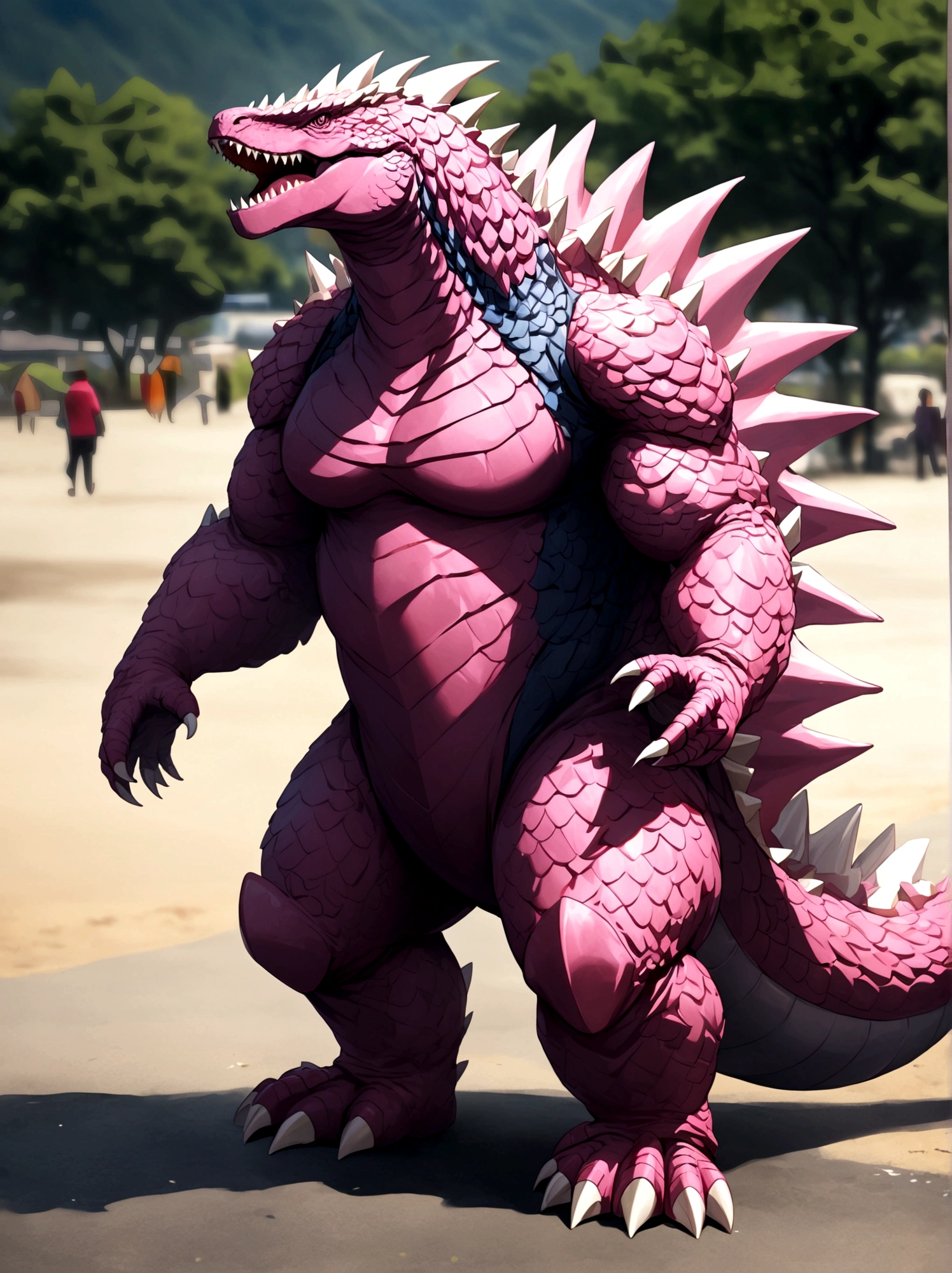 solo, full body, outdoors, blurry, no humans,pink godzilla
