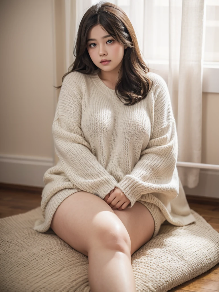 a chubby girl, overweight, extremely obese, large body, full body view, beautiful detailed eyes, beautiful detailed lips, extremely detailed eyes and face, long eyelashes, sitting on floor, sad expression, detailed clothing, photorealistic, 8k, hyperrealistic, digital art, cinematic lighting, dramatic colors, warm tones