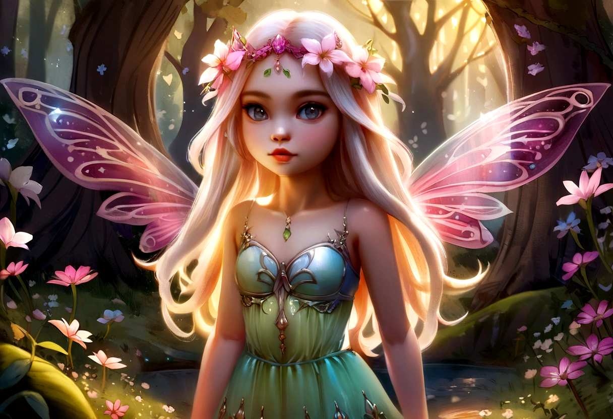um close de uma faerie com uma coroa de flores em uma floresta, retrato de uma faerie, retrato de faerie, linda faerie, faerie da floresta, cute detailed digital art, fantasy art style, rainha faerie da floresta de verão, detailed fantasy digital art, retrato de faerie princess, beautiful fantasy art, estética das faeries, sorrindo como uma rainha das faeries, faerie