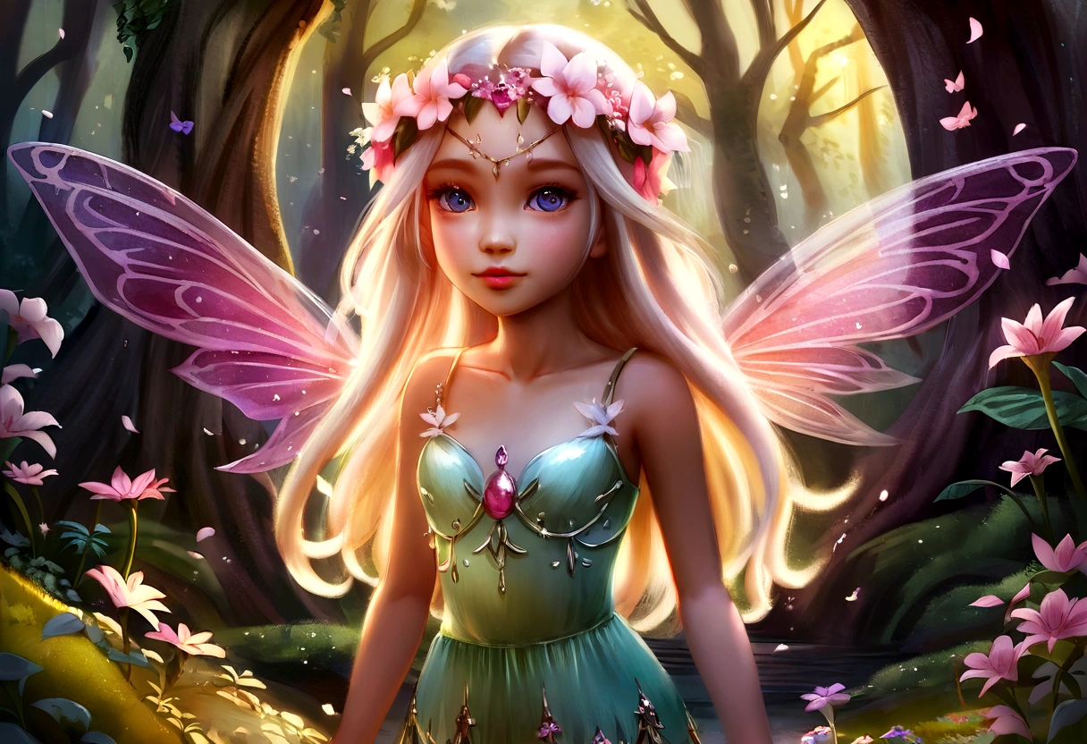 um close de uma faerie com uma coroa de flores em uma floresta, retrato de uma faerie, retrato de faerie, linda faerie, faerie da floresta, cute detailed digital art, fantasy art style, rainha faerie da floresta de verão, detailed fantasy digital art, retrato de faerie princess, beautiful fantasy art, estética das faeries, sorrindo como uma rainha das faeries, faerie