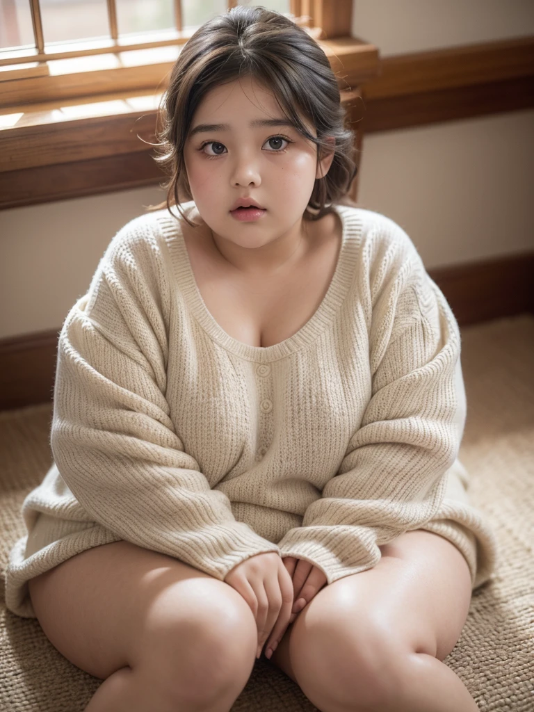 a chubby 10 year old girl, overweight, extremely obese, large body, full body view, beautiful detailed eyes, beautiful detailed lips, extremely detailed eyes and face, long eyelashes, sitting on floor, sad expression, detailed clothing, photorealistic, 8k, hyperrealistic, digital art, cinematic lighting, dramatic colors, warm tones