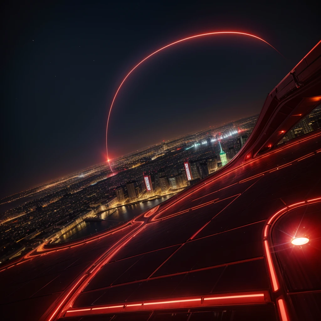 Blood red metallic flying object making luminous curves in the sky of a metropolis