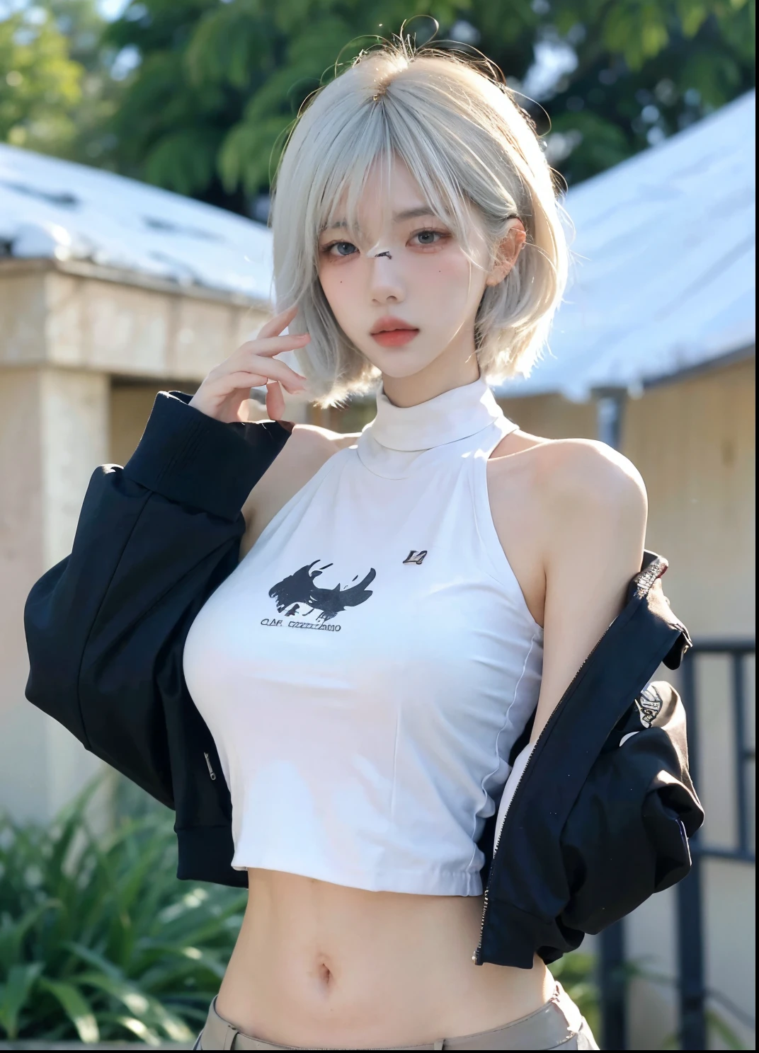 Beautiful woman with perfect figure:1.4,Ultra-high resolution,Put your hands behind your back,Snow background,(Realism:1.4),perspective,Layered hairstyle,Snow white skin,JK:1.5,Super short pleated skirt,whole body:1.4,Very delicate and skin texture,Double eyelids,Skin Whitening,Long hair,White hair