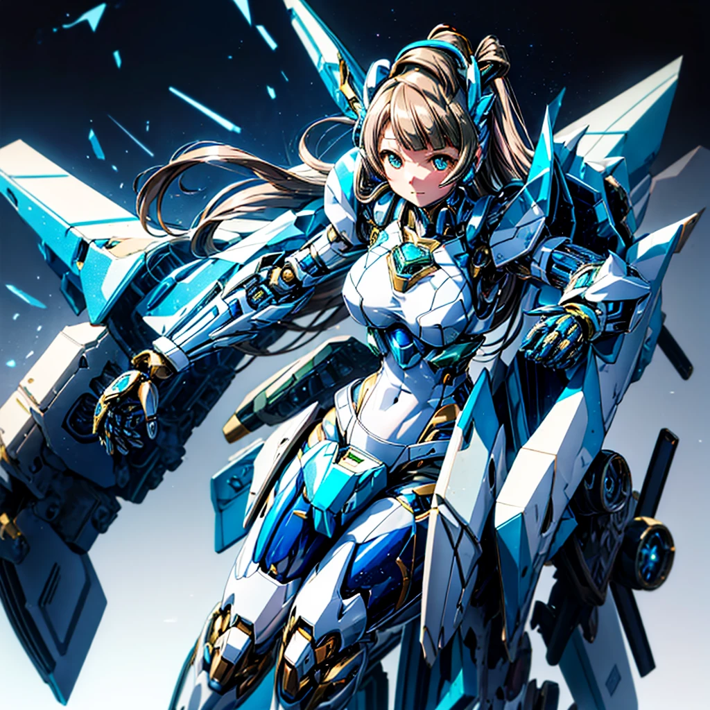 masterpiece, high quality, Cyborgization、Destroyed gynoid cyborg body、The face is of Minami Kotori.、mechanical parts、Blue and white leotard armor、solo focus、Single image、from front, full body、Mechabare、damage、The body is destroyed, exposing the precision machinery、Barcode on thigh