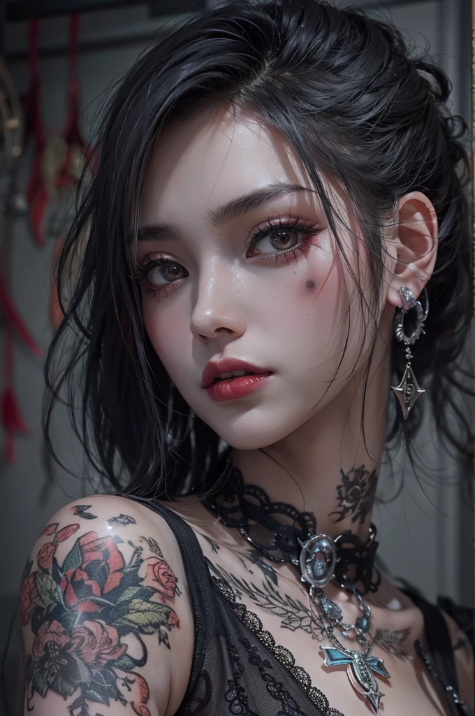Highest quality、8K、masterpiece:1.3、Gothic Punk、The inner color is red、Gray Black Hair、hair ornaments、beautiful girl、creative、Punk Shirt、Neogoth、Goth Fashion:1.2、High resolution、masterpiece、Highest quality、頭w:1.3、((Hasselblad Photos))、Fine skin、Sharp focus、(Cinema Lighting)、Explore Tokyo's nightlife behind the neon lights, Forehead open, 19 years old、Petting'Hair back、Shoulder Bare、Small red rose tattoo on the décolletage