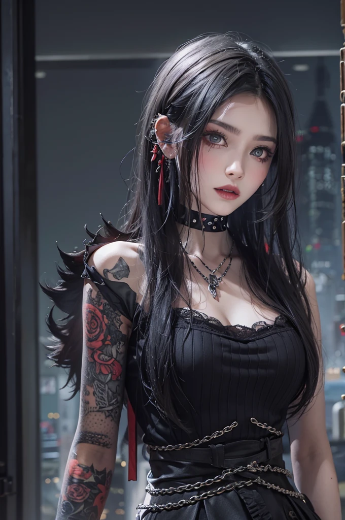 Highest quality、8K、masterpiece：1.3、Gothic Punk、The inner color is red、Gray Black Hair、hair ornaments、beautiful girl、creative、Punk Shirt、Neogoth、Goth Fashion：1.2、High resolution、masterpiece、Highest quality、頭w:1.3、((Hasselblad Photos))、Fine skin、Sharp focus、(Cinema Lighting)、Explore Tokyo&#39;s nightlife behind the neon lights, Forehead open, 19 years old、Petting&#39;Hair back、Shoulder Bare、Small red rose tattoo on the décolletage