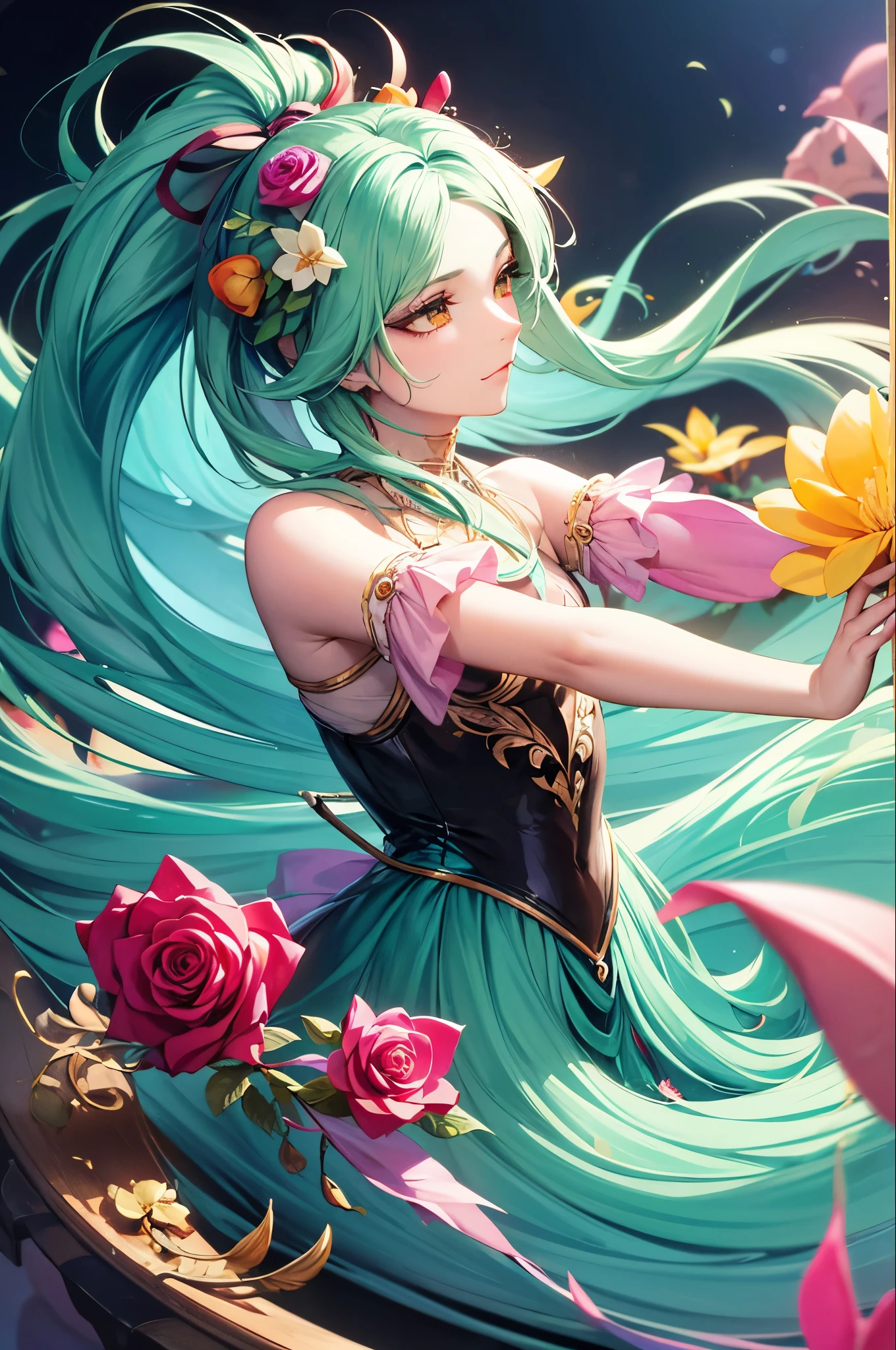 Whimsical Fantasy、Elegant rose flower、botany、Minimalism、Wave-like flower garden、Flowing flowers floating in a hazy pastel pink, Aqua Green, Pastel apricots, Smoke Fractal, There is a good atmosphere、Very realistic flowers, Octane Rendering, Josephine Wall Art, Isabel Menin, Jean, Amy Brown