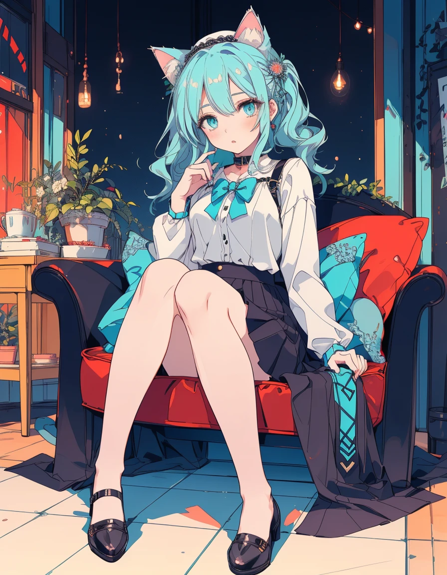 fantasy, red moon, skirt, tattoo, full body, ((masterpiece, best quality:1.5)), ((Beautiful detailed cat aqua eyes:1.2)), cat ears, pale skin, medium breasts, beautiful hands, beautiful fingers, EasyNegative
