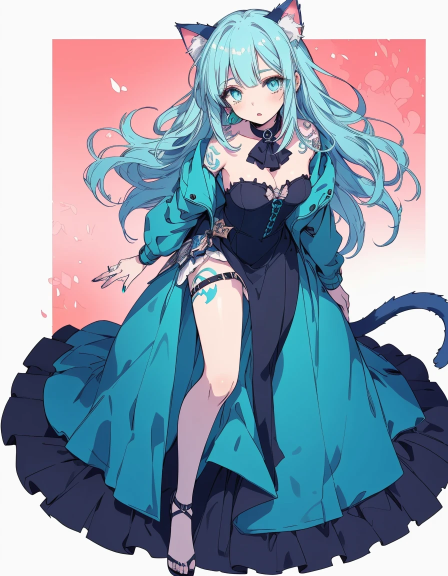 fantasy, red moon, skirt, tattoo, full body, ((masterpiece, best quality:1.5)), ((Beautiful detailed cat aqua eyes:1.2)), cat ears, pale skin, medium breasts, beautiful hands, beautiful fingers, EasyNegative