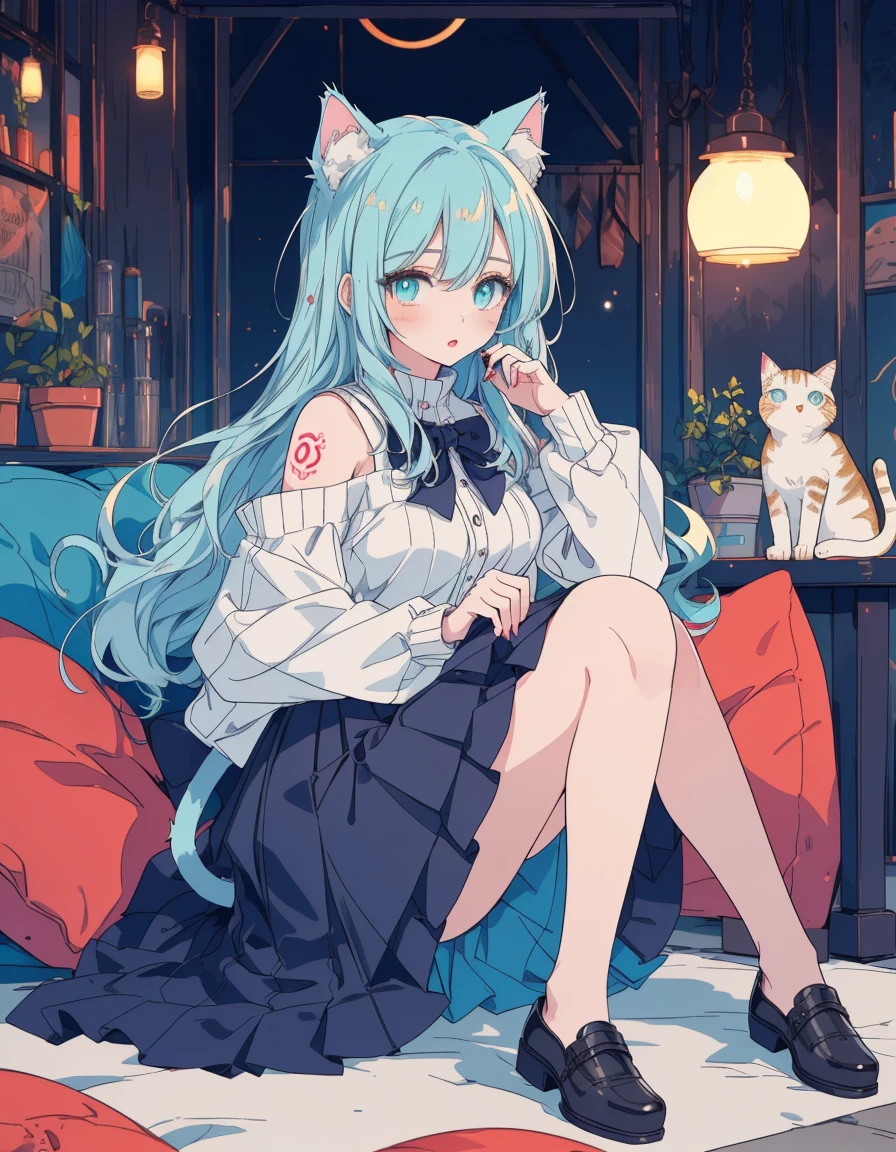 fantasy, red moon, skirt, tattoo, full body, ((masterpiece, best quality:1.5)), ((Beautiful detailed cat aqua eyes:1.2)), cat ears, pale skin, medium breasts, beautiful hands, beautiful fingers, EasyNegative