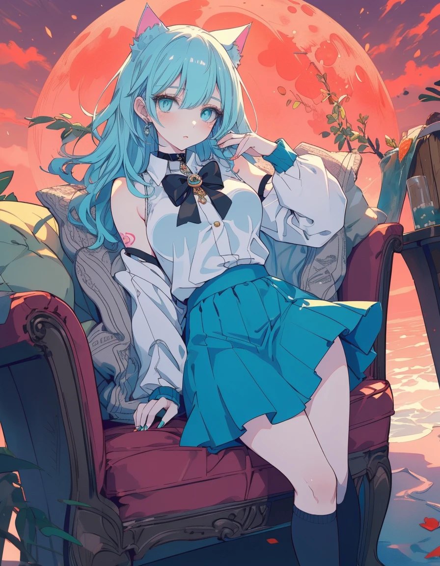 fantasy, red moon, skirt, tattoo, full body, ((masterpiece, best quality:1.5)), ((Beautiful detailed cat aqua eyes:1.2)), cat ears, pale skin, medium breasts, beautiful hands, beautiful fingers, EasyNegative