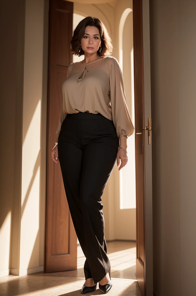 photo woman 46 years old, plus size, wearing xl, short brown hair and brown eyes. She is wearing black pantaloons. She is wearing an elegant beige blouse. Ideal human face, 85mm lens, f8, photography, ultra details, natural light, backlight, photography, studio lighting. full body photo. mouth shut