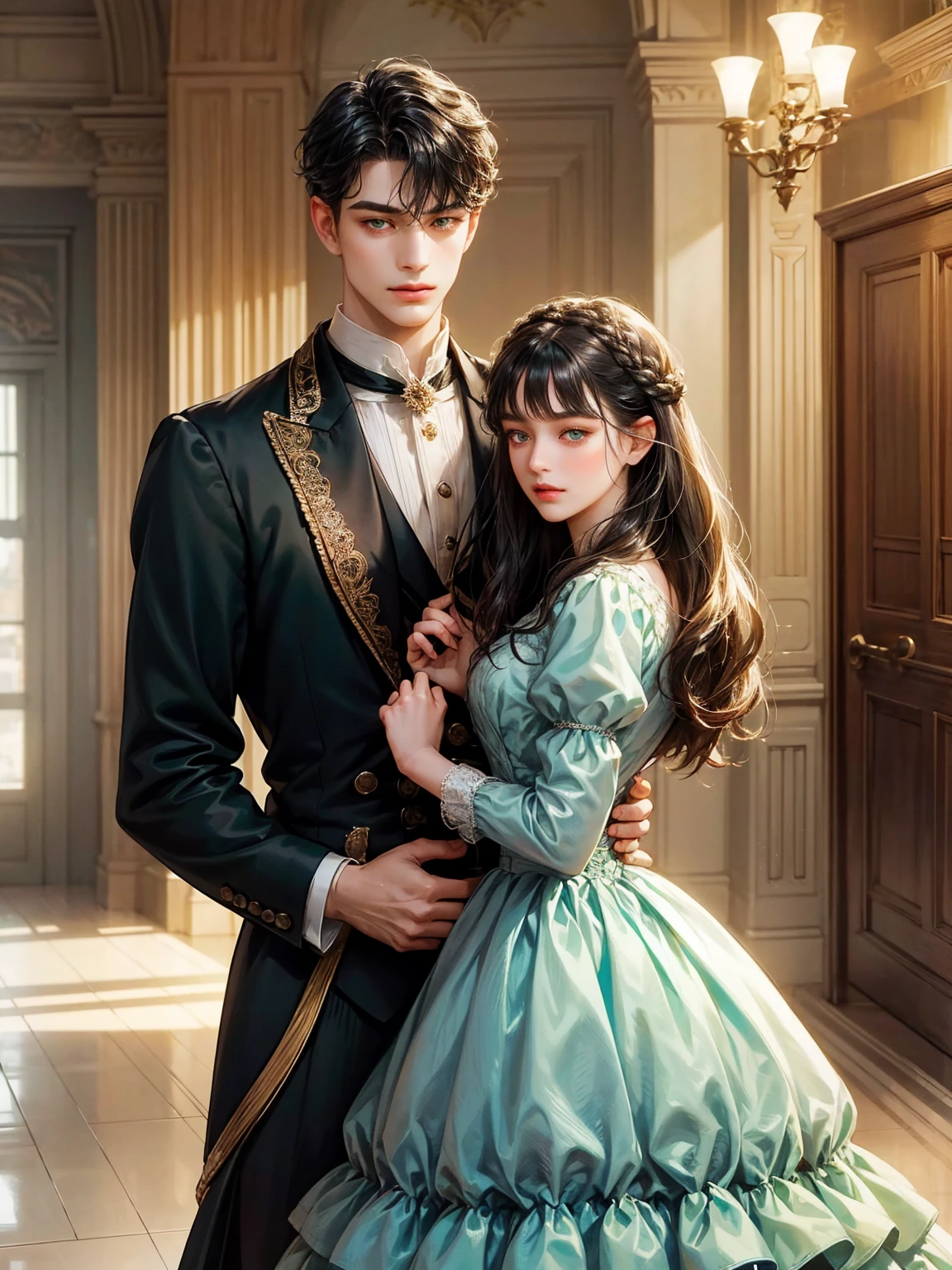 Couple, 1 girl 1 boy. Different hair color, medium black hair with bangs and green eyes, Victorian era dress , short bonde hair, wavy hair and (sky blu eyes) , male Victorian era dress. They look at the viewers, height different, detailed face, detailed hands. Background inside of a hall