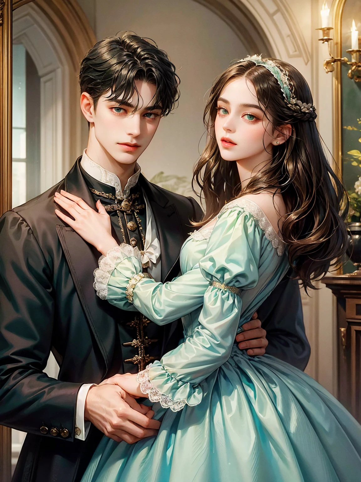 Couple, 1 girl 1 boy. Different hair color, medium black hair with bangs and green eyes, Victorian era dress , short bonde hair, wavy hair and (sky blu eyes) , male Victorian era dress. They look at the viewers, height different, detailed face, detailed hands. Background inside of a hall