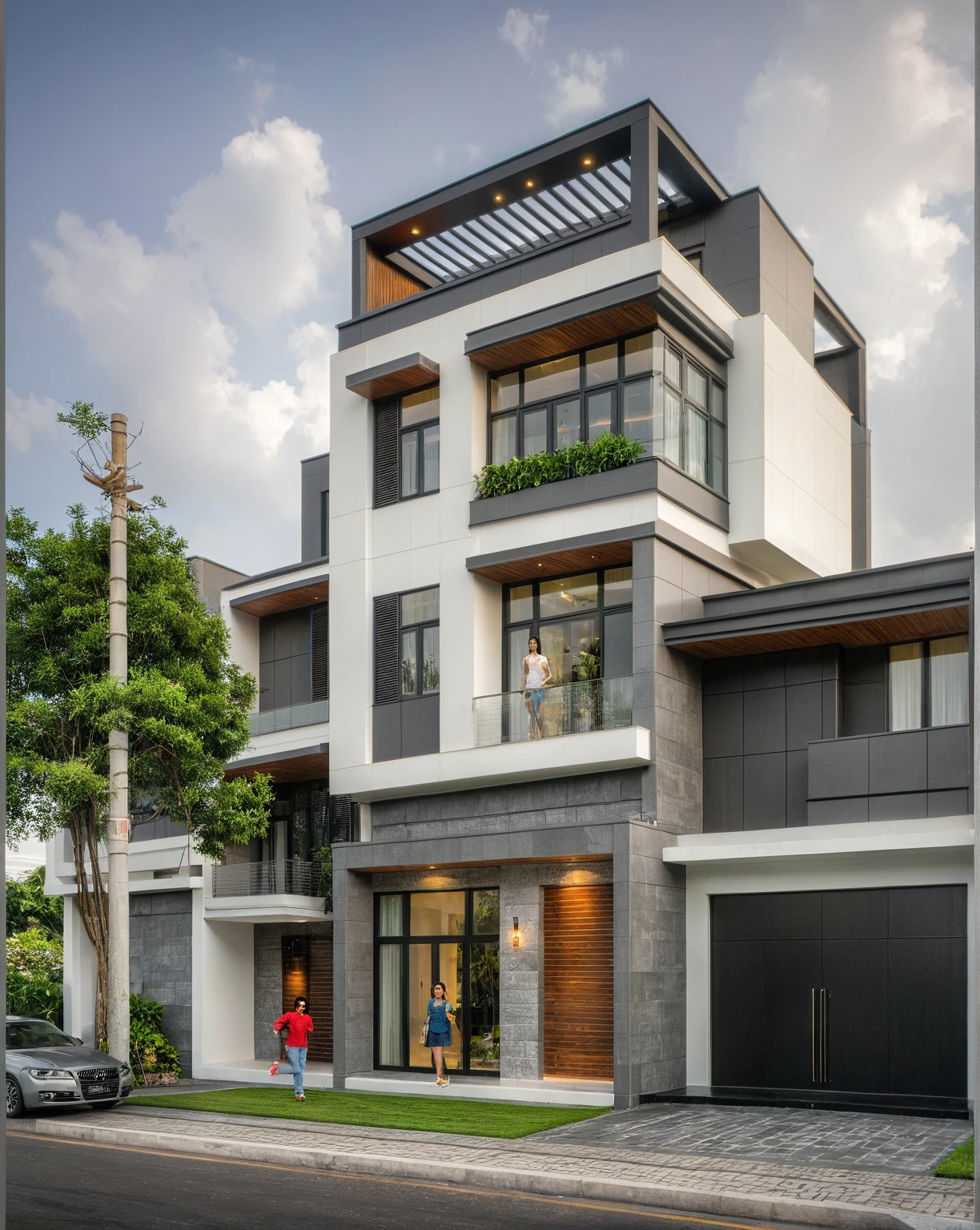modern villa on street, (overcast lighting:1.2), tropical tree, vivid color, streetcapes, nice sky, grey and wwhite tone, (large glass door:1.2), warm interior lighting, modern material, best quality, ultra realistic, masterpiece, 17ArchiAI_XL_VL-v1