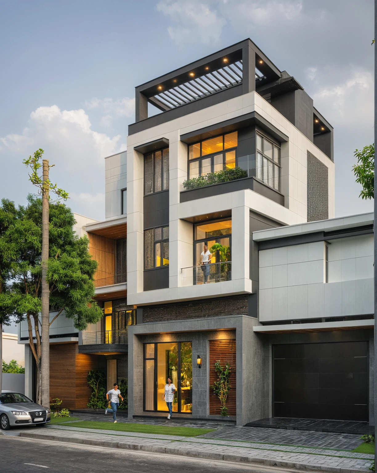 modern villa on street, (overcast lighting:1.2), tropical tree, vivid color, streetcapes, nice sky, grey and wwhite tone, (large glass door:1.2), warm interior lighting, modern material, best quality, ultra realistic, masterpiece, 17ArchiAI_XL_VL-v1