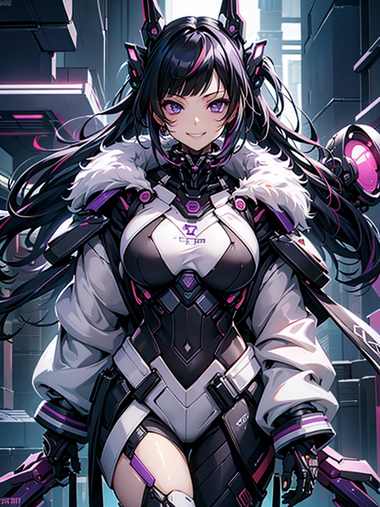 woman、Early 20s、cyber punk、Wicked Smile、Black Hair、Long Hair、Multicolored Hair、Purple Eyes、breast enhancement、sexy、