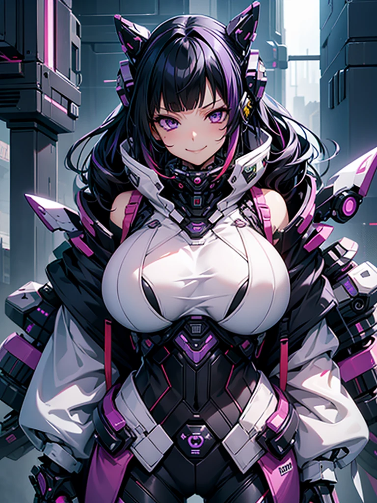 woman、Early 20s、cyber punk、Wicked Smile、Black Hair、Long Hair、Multicolored Hair、Purple Eyes、breast enhancement、sexy、