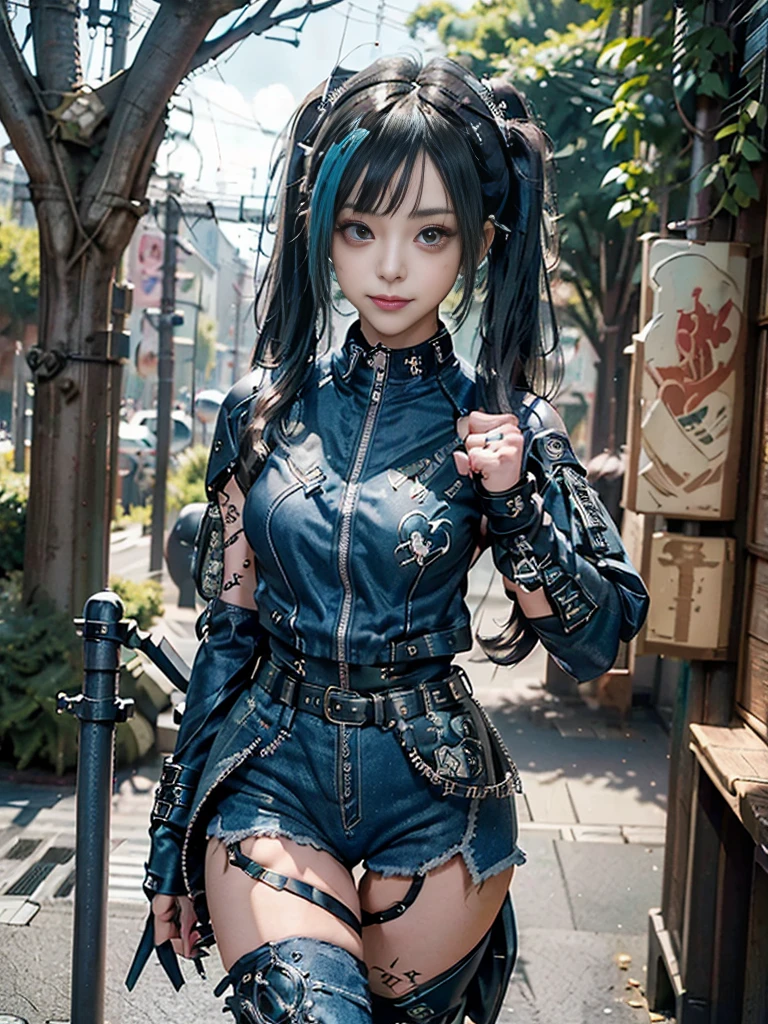 (Full body view:1.4)、(Full Body View:1.4)、(Side view:1.1)、(Smiling with teeth showing:1.3),(Shibuya Gal:1.5)、(Special forces fighter:1.5)、(Punk RockVisual Kei:1.4)、(Turquoise, navy and denim medieval noble zip up:1.5)、(Navy and white arm covers and bugle pants:1.5)、(Blue high heels:1.3)、(Wearing silver accessories:1.5)、(Dark brown collar:1.4)、(Leather garter belt:1.4)、(Brown Skin Belt:1.3)、(Black lace underwear:1.5)、20-year-old、NSFW、((Highest quality、In 8K、masterpiece:1.3))、Sharp focus:1.2、(Layered Cut、Huge boobs:1.1),Beautiful woman with perfect figure:1.4、(Doing an aerobics pose:1.3)、Slender Abs:1.2、Highly detailed face and skin texture、Detailed eyes、double eyelid,(Twin tails:1.3)、(Black Hair:1.3)、Gravure idol、(A fairytale-like cafe with a lush tree background:1.3)、(Slim body:1.3),(Make your legs thinner:1.4),(Thin, thin thighs:1.3)、(clavicle:1.1)