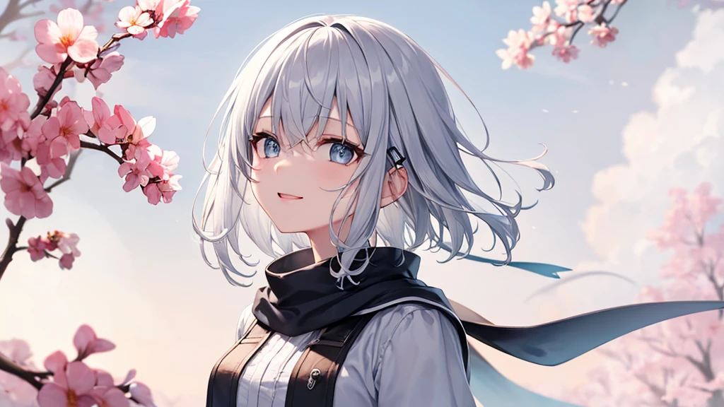 Her eyes were shining、Mysterious and enchanting atmosphere。With AI Painting、とてもShort Hair, Long bangs between the eyes, Very detailed,(masterpiece、Highest quality)、alone、Gray Hair、Fantasy, Silver Hair, Fantasyな風景、White shirt、smile、Open your mouth、Scarf、short hair、Short Hair、hairpin、black eye、Grey Eyes、Beautiful Eyes