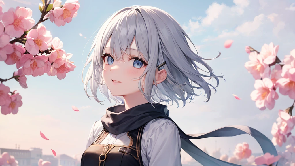 Her eyes were shining、Mysterious and enchanting atmosphere。With AI Painting、とてもShort Hair, Long bangs between the eyes, Very detailed,(masterpiece、Highest quality)、alone、Gray Hair、Fantasy, Silver Hair, Fantasyな風景、White shirt、smile、Open your mouth、Scarf、short hair、Short Hair、hairpin、black eye、Grey Eyes、Beautiful Eyes