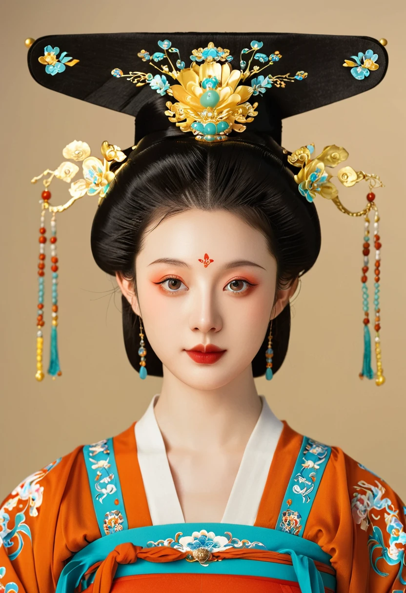 Beautiful girl portrait,symmetry,Round Face,Bright Eyes,Smooth skin,Chinese Tang Dynasty costumes,egotistical,Official hat,Clean background