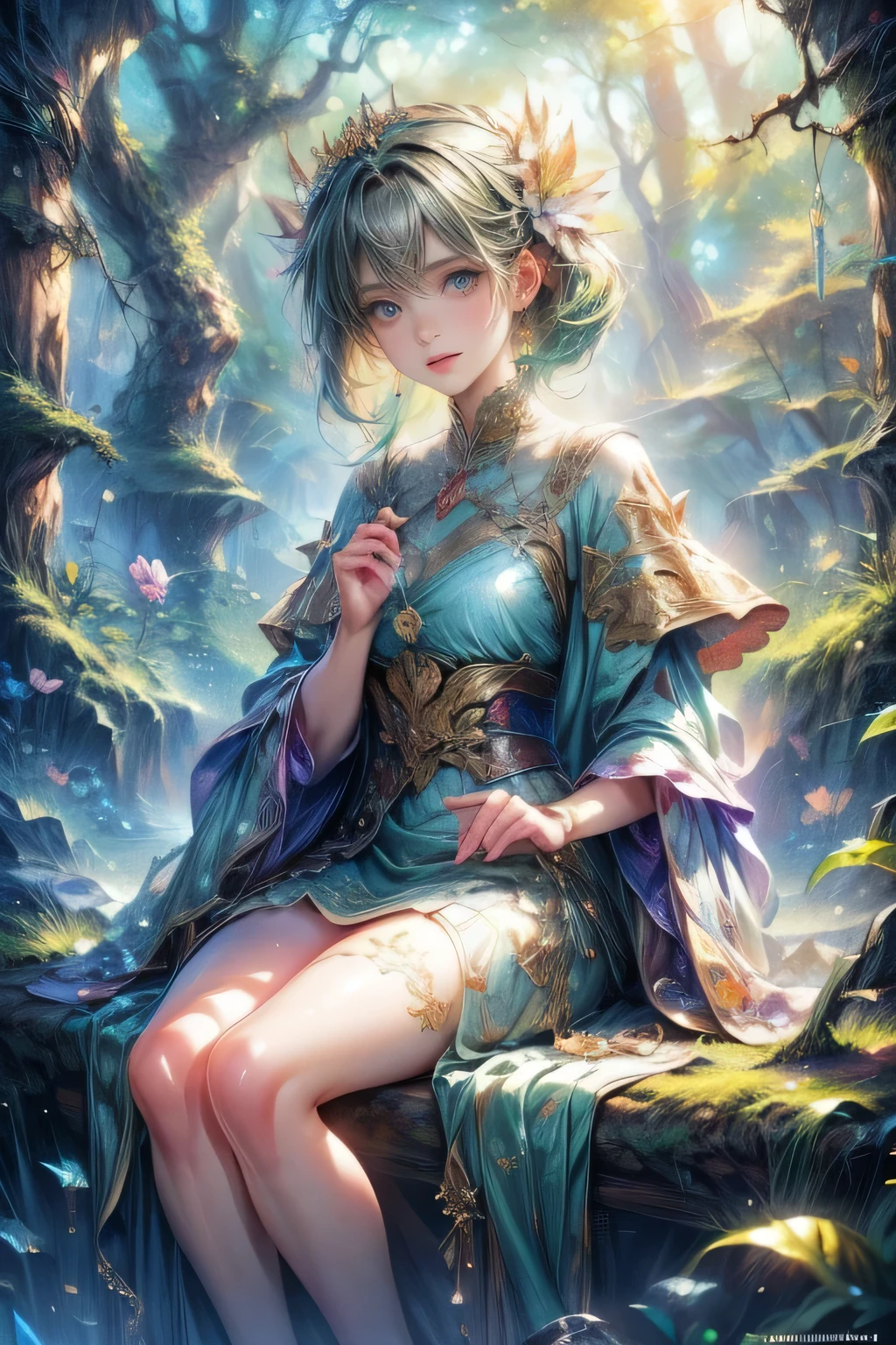 full-body view, masterpiece:1.2, highest quality, highres, 16k, ultra-realistic, photorealistic:1.37, beautifuldetailed, anime style illustration, 1girl, princess, light green hair, green forest spirit, beautiful light green hair, nature, fantastical, detailed face, beautiful light green eyes, expressive eyes, detailed lips, sitting on a branch on a high tree, legs dangling,ultra-detailed,intricate details, vibrant colors, fantasy art, digital painting, cinematic lighting, magical, cinematic angle,