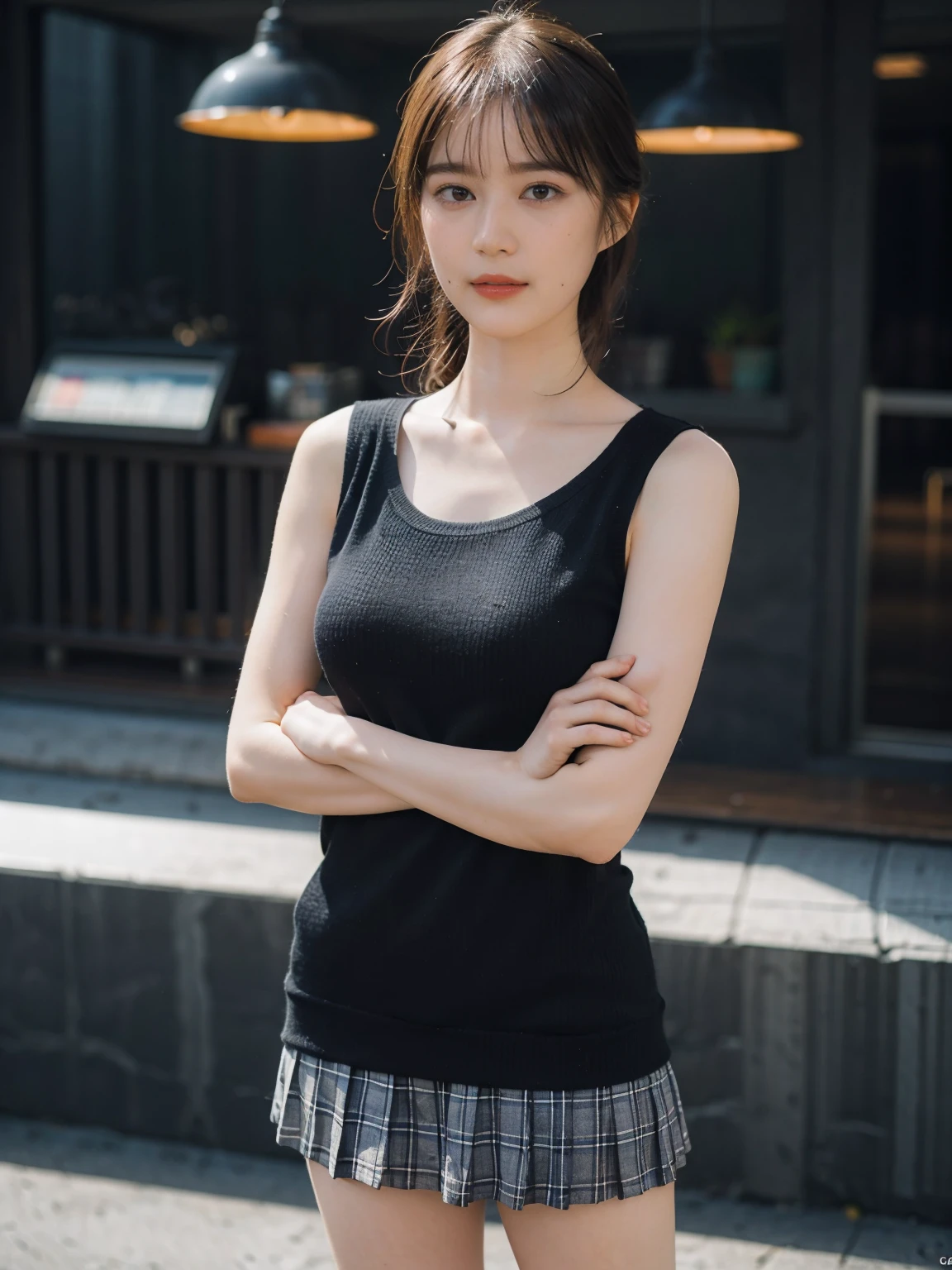 1girl, woman, masterpiece, best quality, highest quality, cinematic lighting, (volumetric lighting), extremely detailed CG unity 8k wallpaper, focused, 8k wallpaper, extremely detailed, ultra realistic, photorealistic, sharp focus, absurdres, (HDR:1.2), (high contrast), photograph, detailed and intricate, instagram, portrait, highly detailed, digital painting, artstation, concept art, smooth, sharp focus, illustration, cinematic lighting, (natural big breast), black short skirt, eyes looking at the viewer, (very skinny legs), ((slender body)), skinny, (((height 160cm))), (HQ skin: 1.4, Realistic human body structure), (((standing with crossed arms))), full body:1.3, (wearing knit tank top, short skirt), (((medium shoulder)))