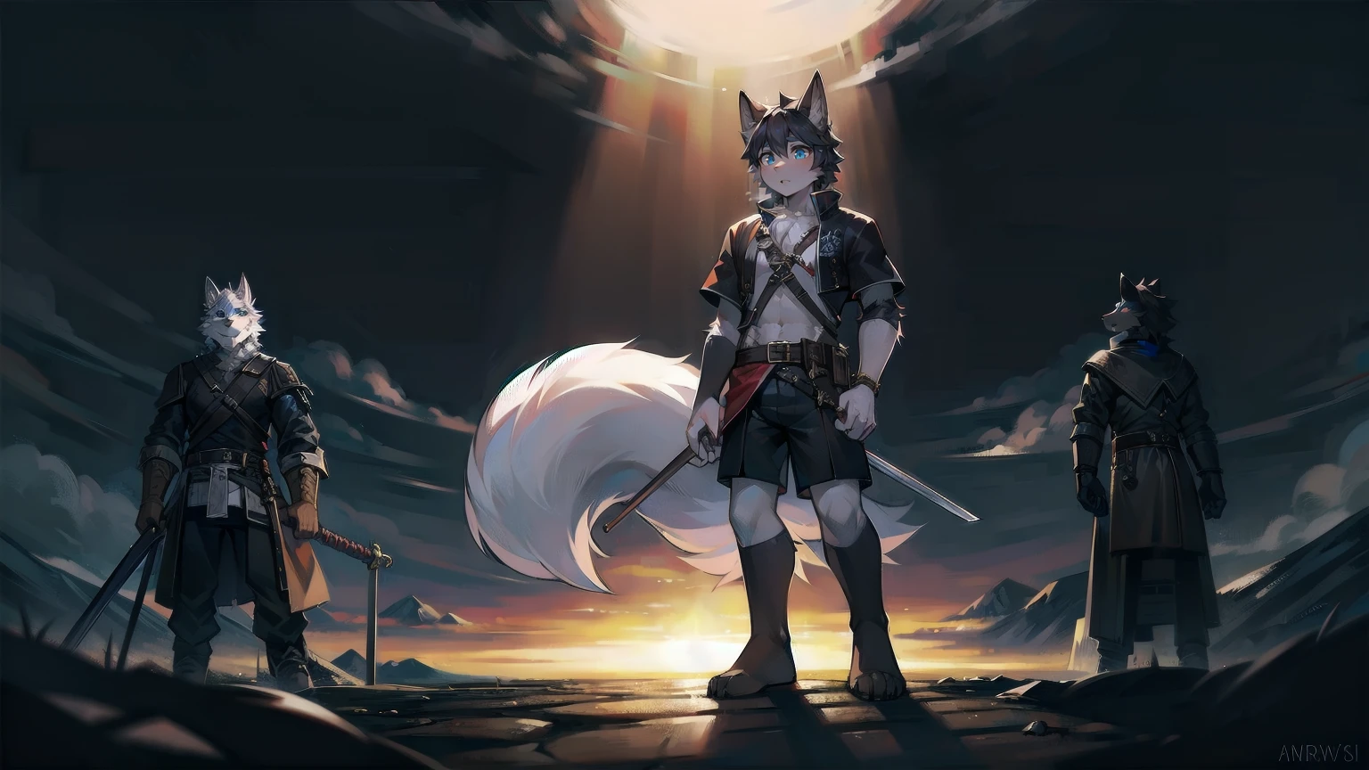 White Wolf,black hair,Sky blue eyes,hairy,Wolf ears,Wolf tail,Full body portrait,The character is in the center of the frame,Handsome,Confident eye***but,juvenile,Black and white combat uniform,Red neck bib,Black shorts,Short sleeve,hairy arms and legs,Dark background,Dark battlefield,dawn,sunrise,dawn,illumination,shadow,Swordsman,Scabbard and Hold the hilt of a in your hand,The scabbard is at the waist,Highest quality,A tall stature