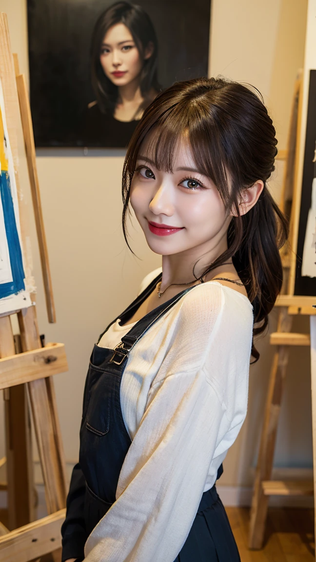 highest quality, masterpiece, 8K, ultra high resolution, (realistic: 1.4), beautiful face, symmetrical eyes, Japanese, brown hair, smile, wearing makeup, high-definition images, atmospheric perspective, super detail, accurate, best quality, a Japanese lady, drooping eyes, sleepy face, blush, skirt, high boots, necklace, A bright, airy art studio with large windows letting in natural light. The studio is filled with easels, canvases, paintbrushes, and various art supplies. There are colorful paintings in different stages of completion all around, she is standing in front of an easel, with a paintbrush in hand. She’s wearing a smock splattered with paint, and her hair is tied back. She’s looking at her work with a shy, proud smile, as if caught in a moment of creative inspiration