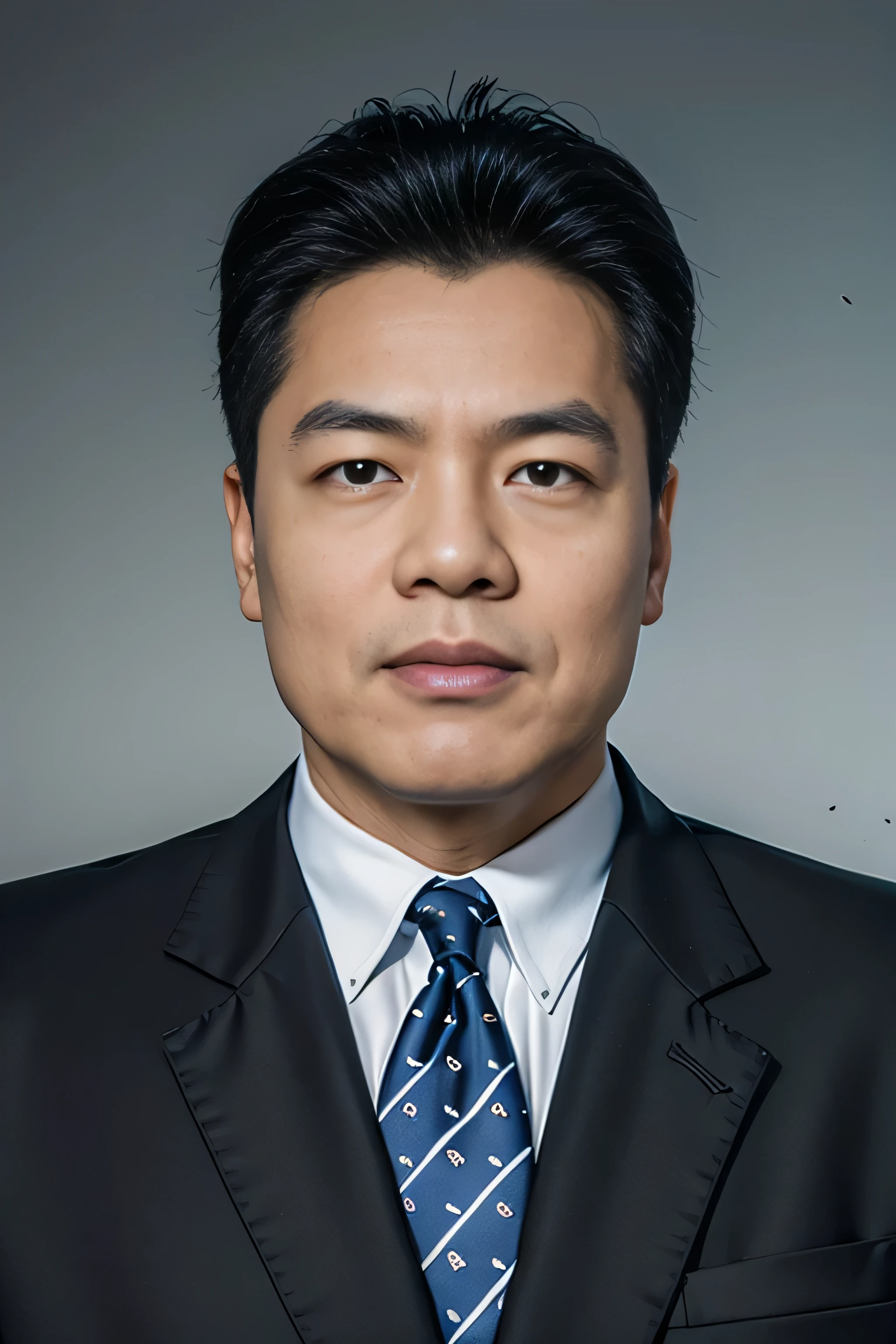 Highly realistic photo, ((masterpiece), (best quality), (raw photo), (photorealistic:1.4), Portrait of Vietnamese man, 60 years old, ((black hair slicked back)) , ((wearing a black suit)), white shirt, ((black tie)), ((light blue background)), photo taken by Sony A7IV
