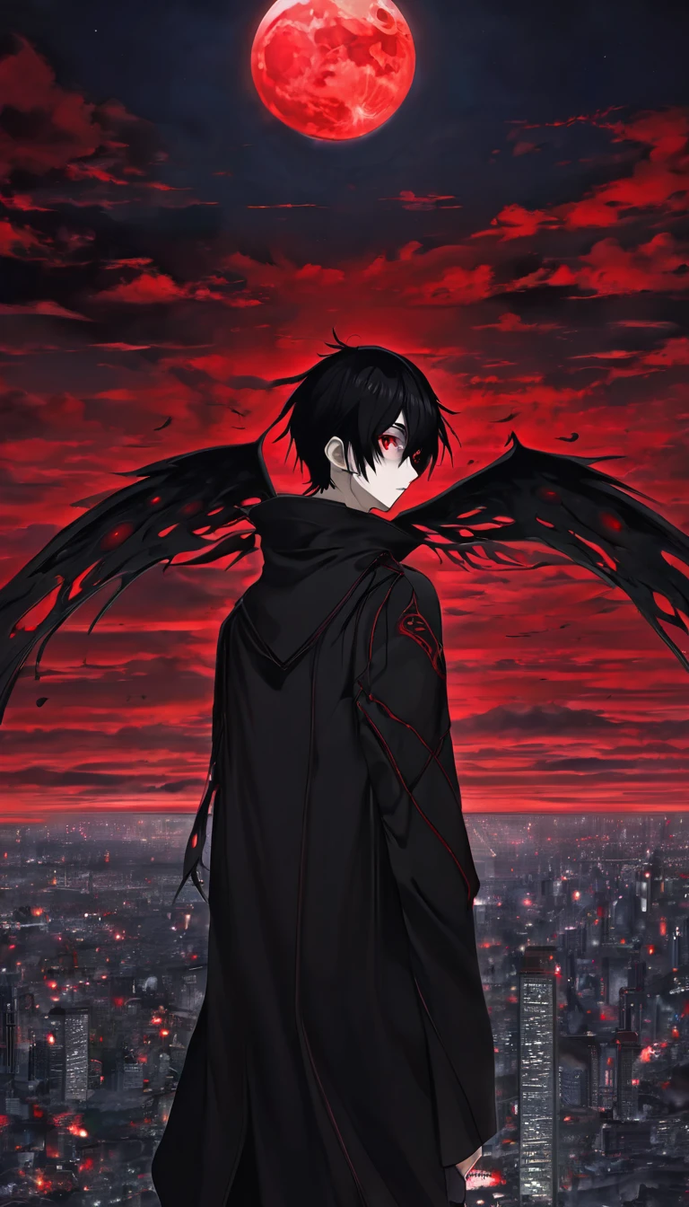 ultra quality, 4K, anime illustration, male body, 15 year old boy, black clothes with red lines,black hair, scarlet eyes full of hate, dark aura, Very Detail, full moon night, empty city, gazing at viewer, floating eyes with wings of blood.