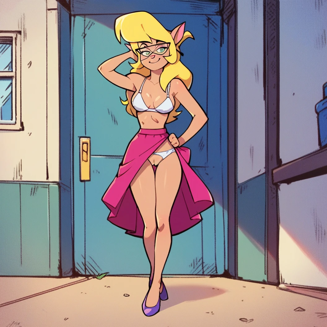 score_9, score_8_up, score_7_up, score_6_up, score_5_up, score_4_up, (Source furry), (rating nsfw), 1girl solo, outdoors, beachfront, looking at viewer, glasses, callie briggs, detailed, front view, standing, wiggling her hips, full view, legs, purple heels, hula dance, thicc, grass hula skirt, beach, blonde hair, dancing, sexy, head turned to viewer, vagina, panties fallen down, white bra