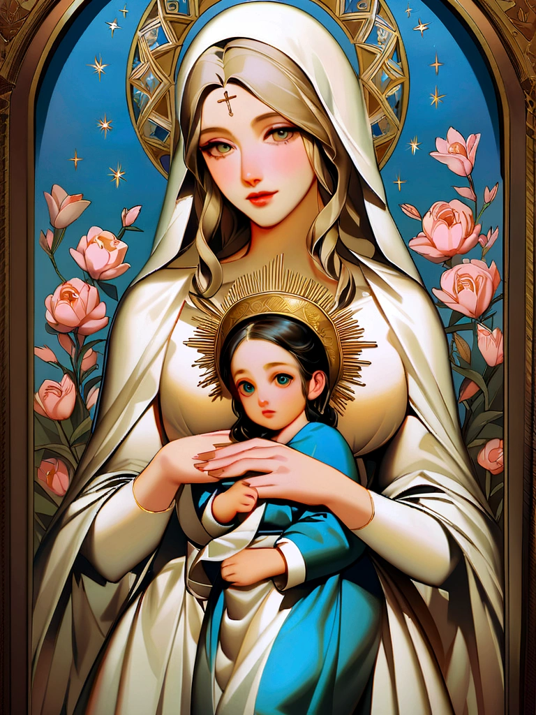 Drawing of a woman holding one in her arms, virgin mary, Boy with Jesus, mommy, queen of heaven, beautiful art, painting of beautiful, beautiful representation, Retrato da virgin mary, catholic religious art, Pink countries, Sacred and beautiful, with a blue background, Boregov, Guweiz&#39;s first work, Sacred art, Christian art, religious painting