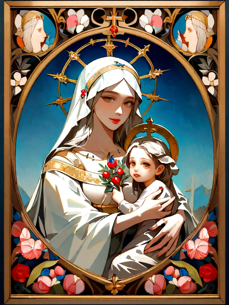 Drawing of a woman holding one in her arms, virgin mary, Boy with Jesus, mommy, queen of heaven, beautiful art, painting of beautiful, beautiful representation, Retrato da virgin mary, catholic religious art, Pink countries, Sacred and beautiful, with a blue background, Boregov, Guweiz's first work, Sacred art, Christian art, religious painting